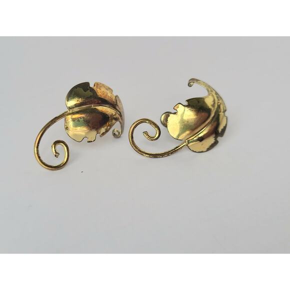 Antique Sterling Leaf Earrings Gold Plate Screw On 1940s - Picture 2 of 7